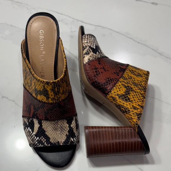 Gibson Latimer Shoes - Gibson Latimer Women's Yellow and Brown Snake Print Mules